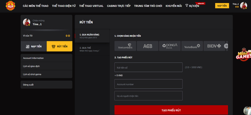 Cách nhanh nhất cho cược thủ rút tiền về từ MU9
