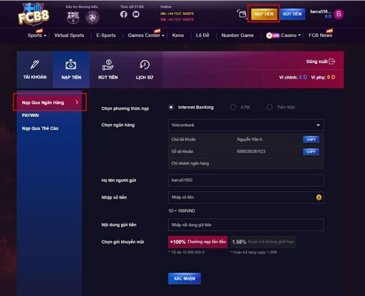 Nạp tiền và rút tiền tại nhà cái FCB8 uy tín